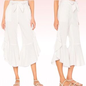 JONATHAN SIMKHAI White Ankle Cropped Stripped Ruffle Pants (Sz S)